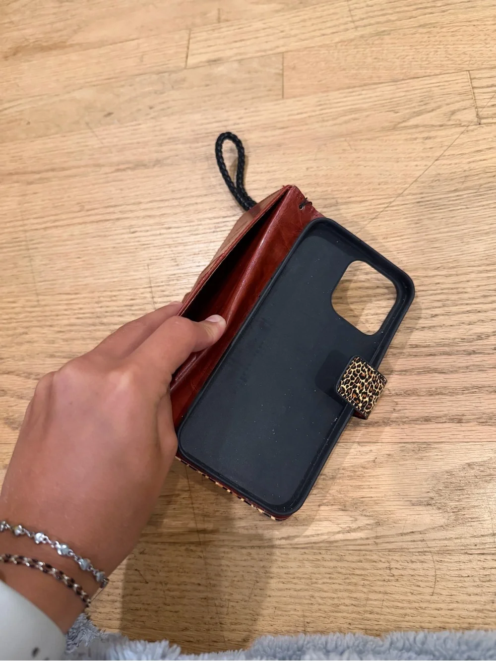 iPhone 15 pro max Leopard Print Phone Wallet Case with Wrist Strap - Brown